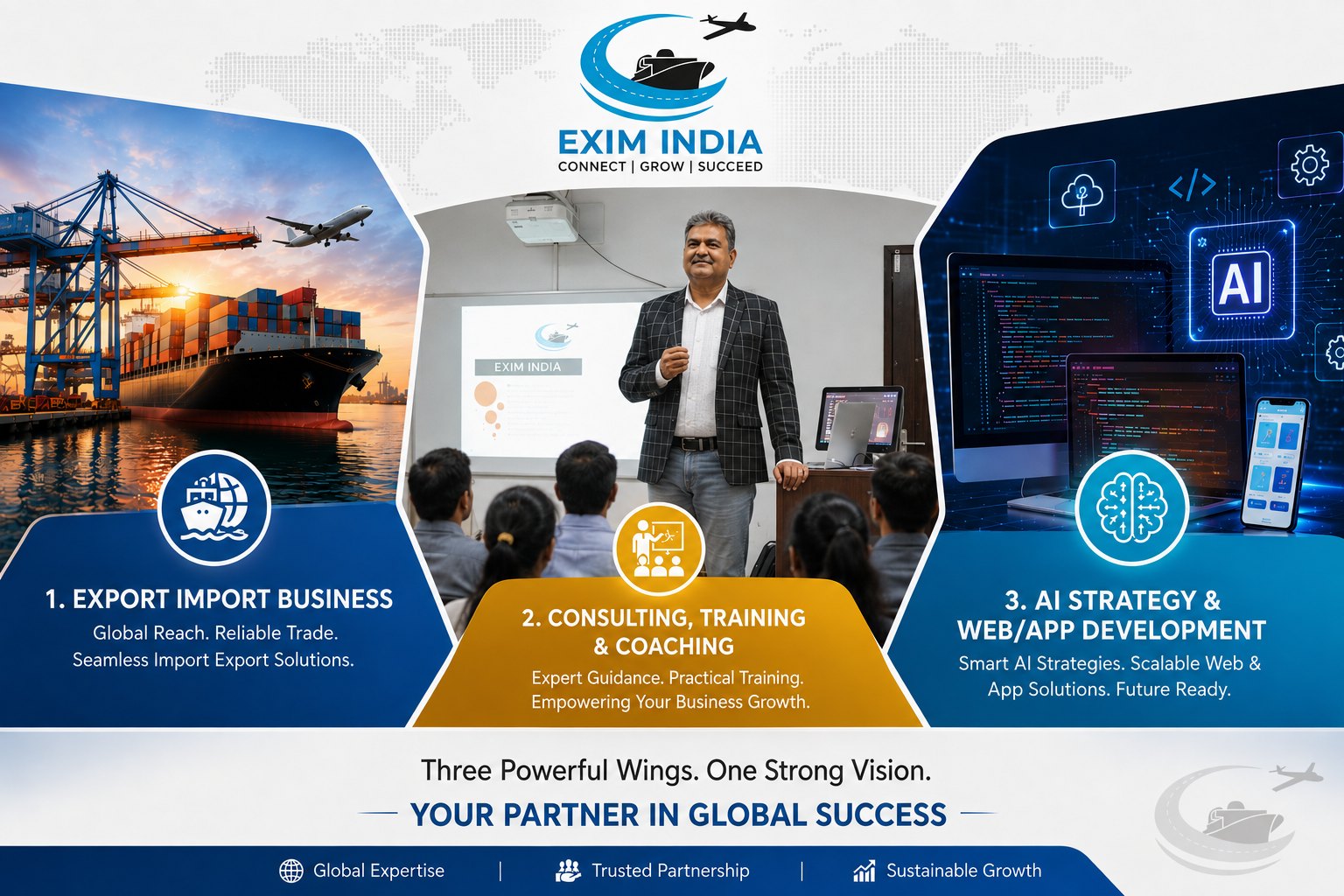 EXIM INDIA — three pillars: export-import business, consulting & coaching, AI strategy & web/app development